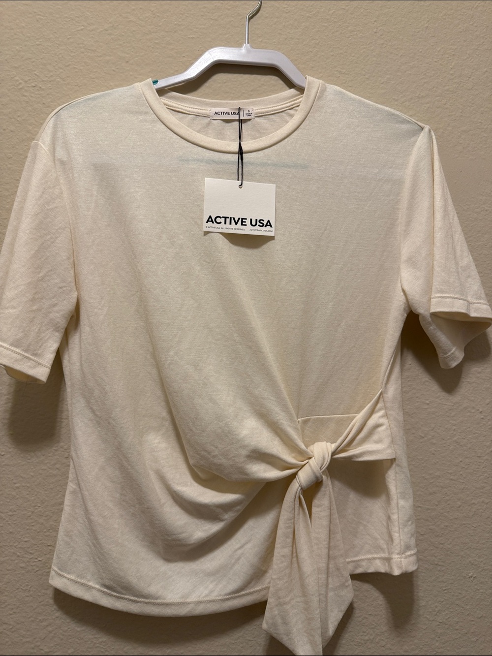 #277. Active USA Cream Short Sleeve Knot-Front Tee